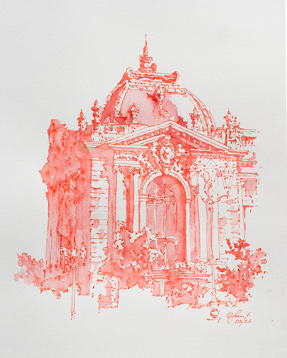 Esquisse originale à l'aquarelle et à l'encre rouge du Petit Palais