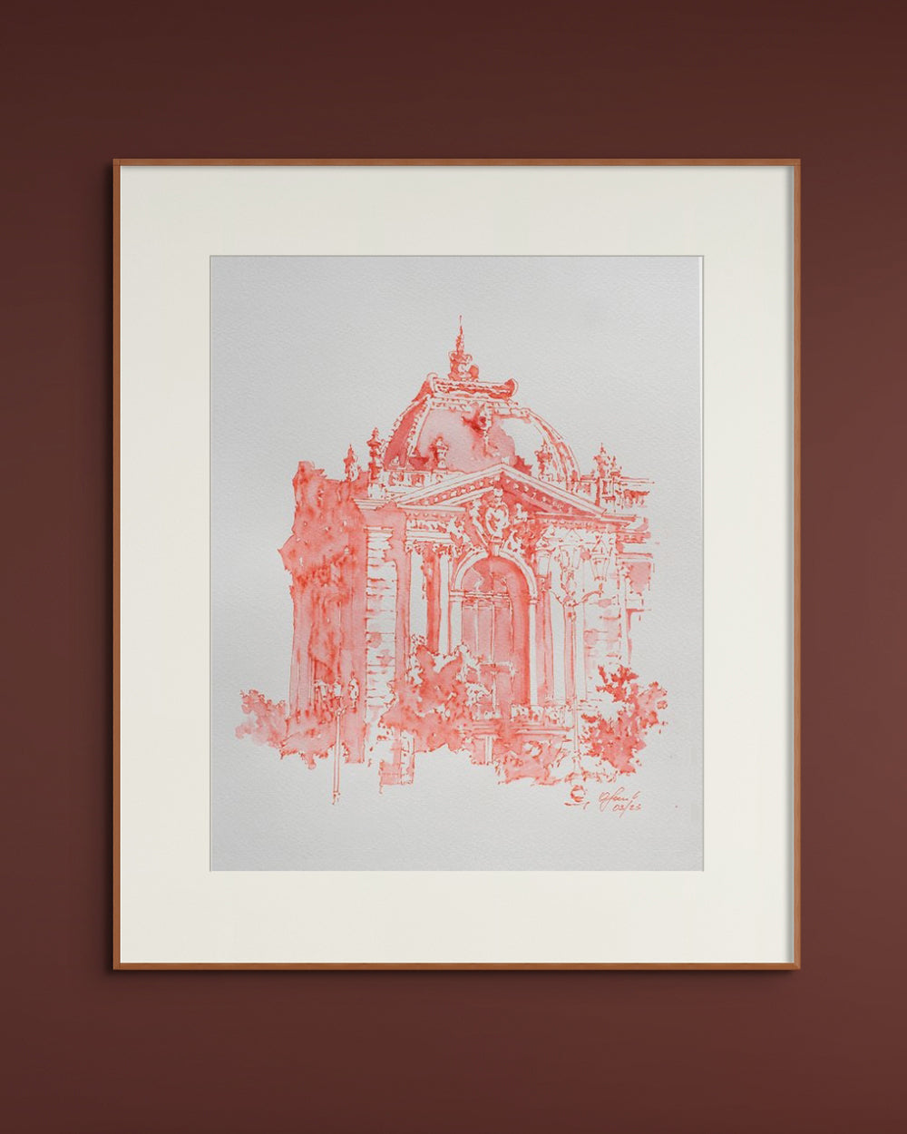 Esquisse originale à l'aquarelle et à l'encre rouge du Petit Palais