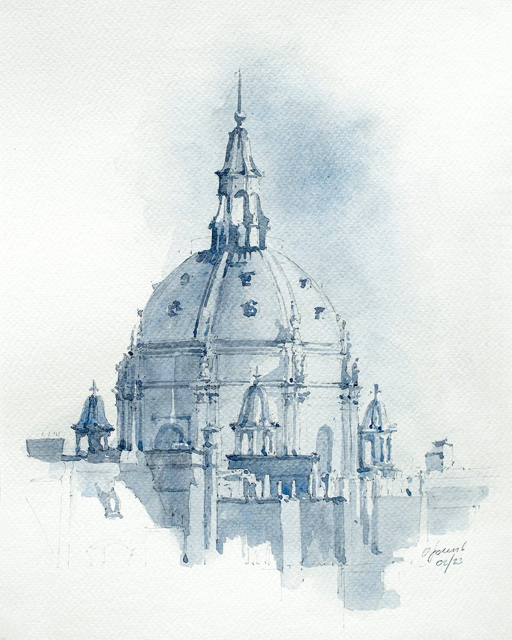 La Chapelle de la Sorbonne Aquarelle monochrome originale